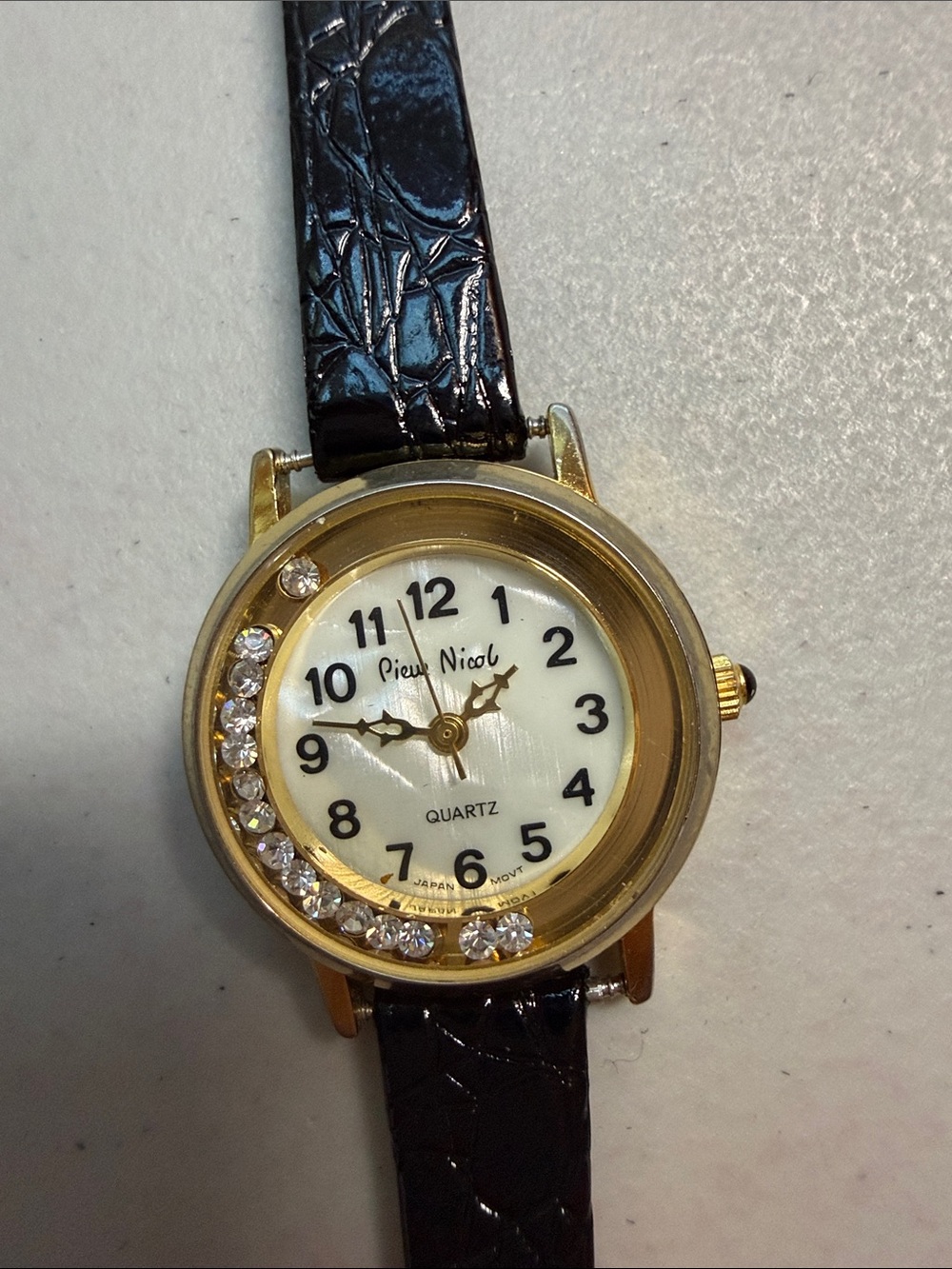 Pierre Nicol vintage Gold-Tone Rhinestone Round Watch with Black Leather Strap